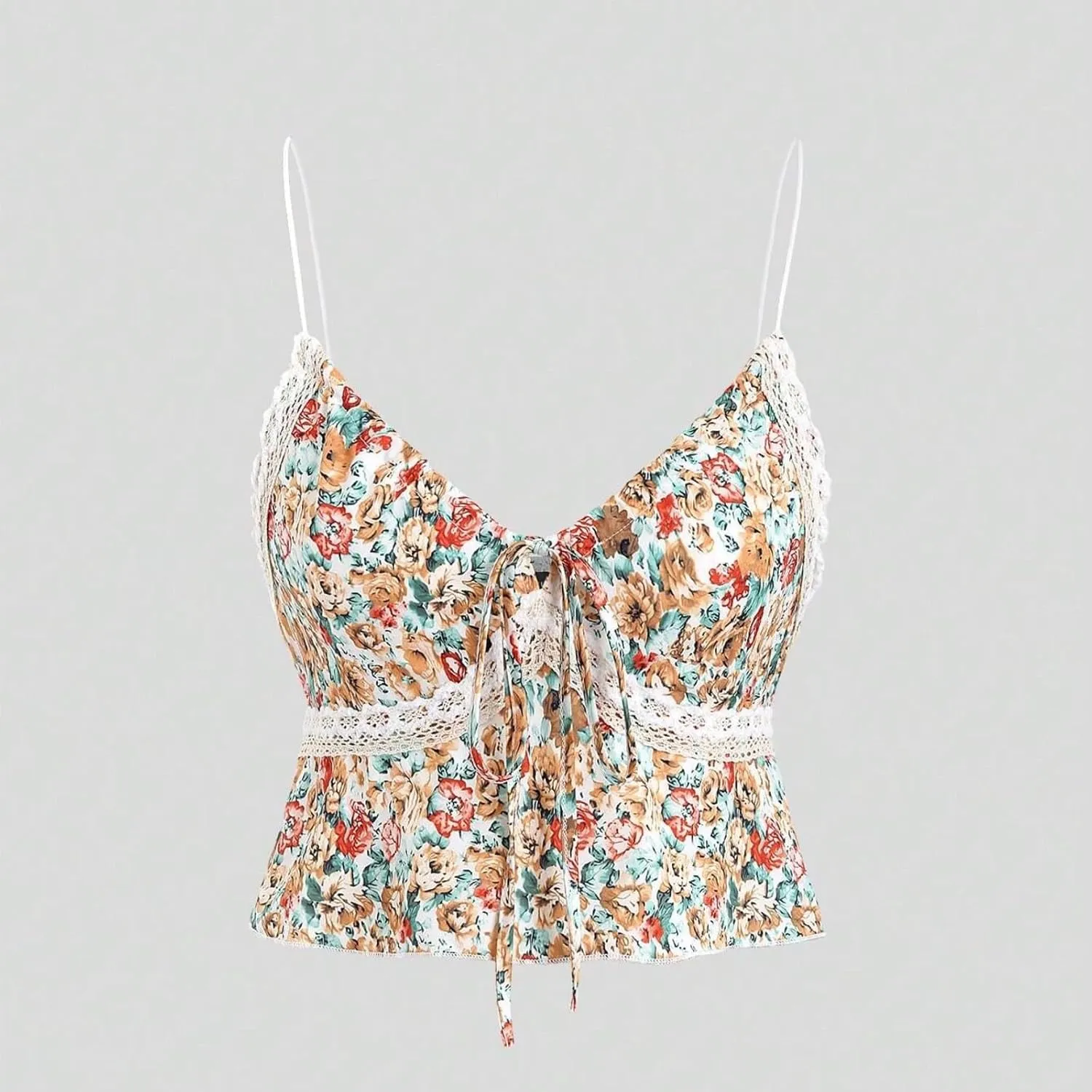 Women Y2K Coquette Floral Print Tie Front Crop Cami Top Spaghetti Strap V Neck Slim Fit Ruffle Hem Cropped Tank