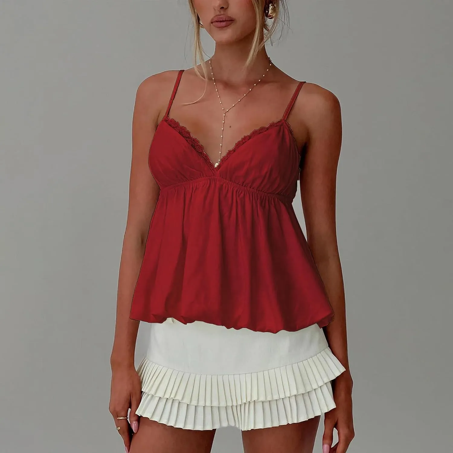Women Y2k Floral Camisole Sleeveless V Neck Flowy Peplum Cami Top Sexy Ruffle Babydoll Tank Tops Summer Streetwear