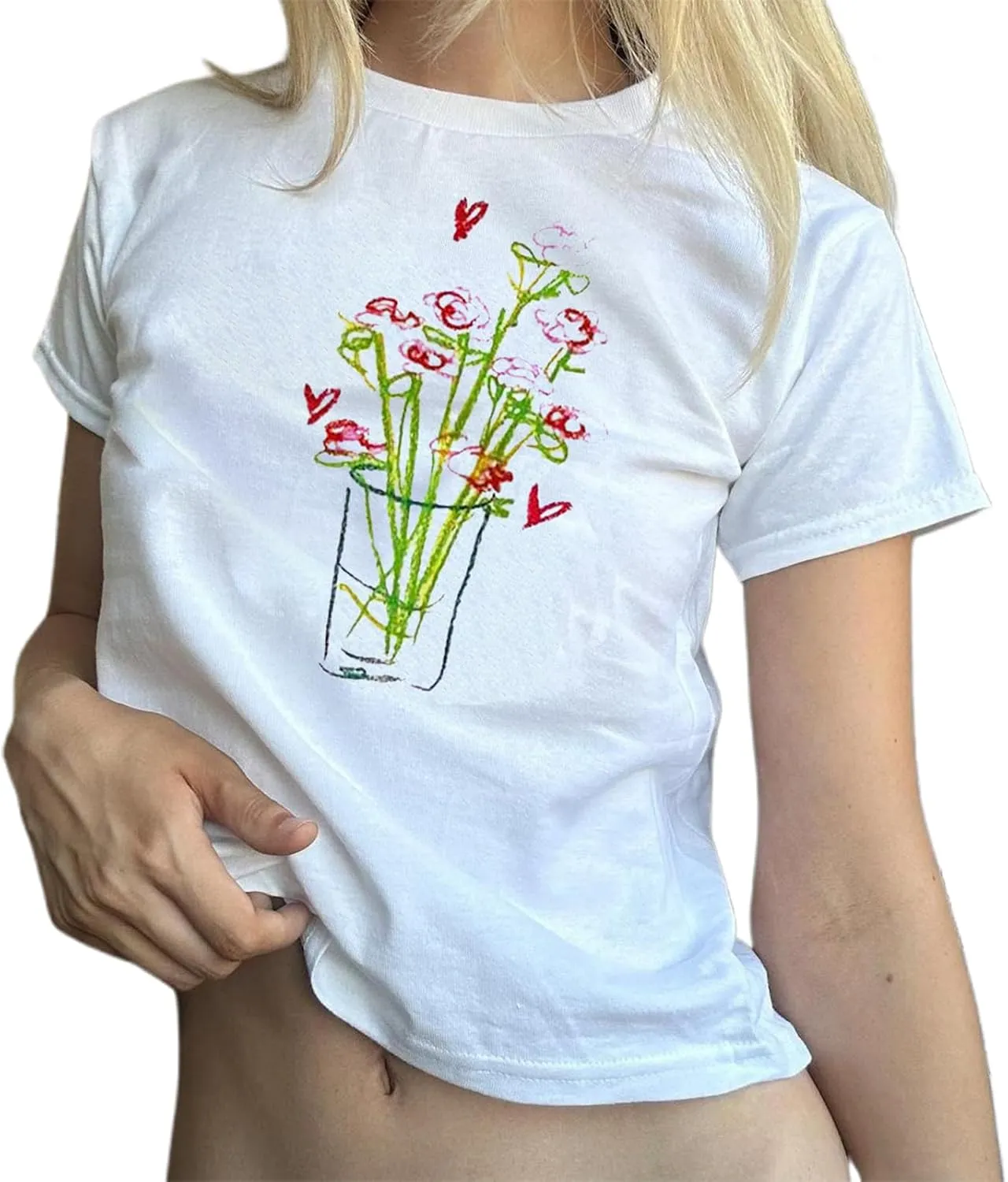 Women Y2k Graphic Print Crop Top Short Sleeve Round Neck Slim Fit Baby Tee Aesthetic Summer T Shirt