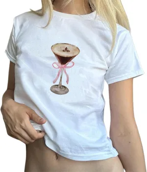 Women Y2k Graphic Print Crop Top Short Sleeve Round Neck Slim Fit Baby Tee Aesthetic Summer T Shirt