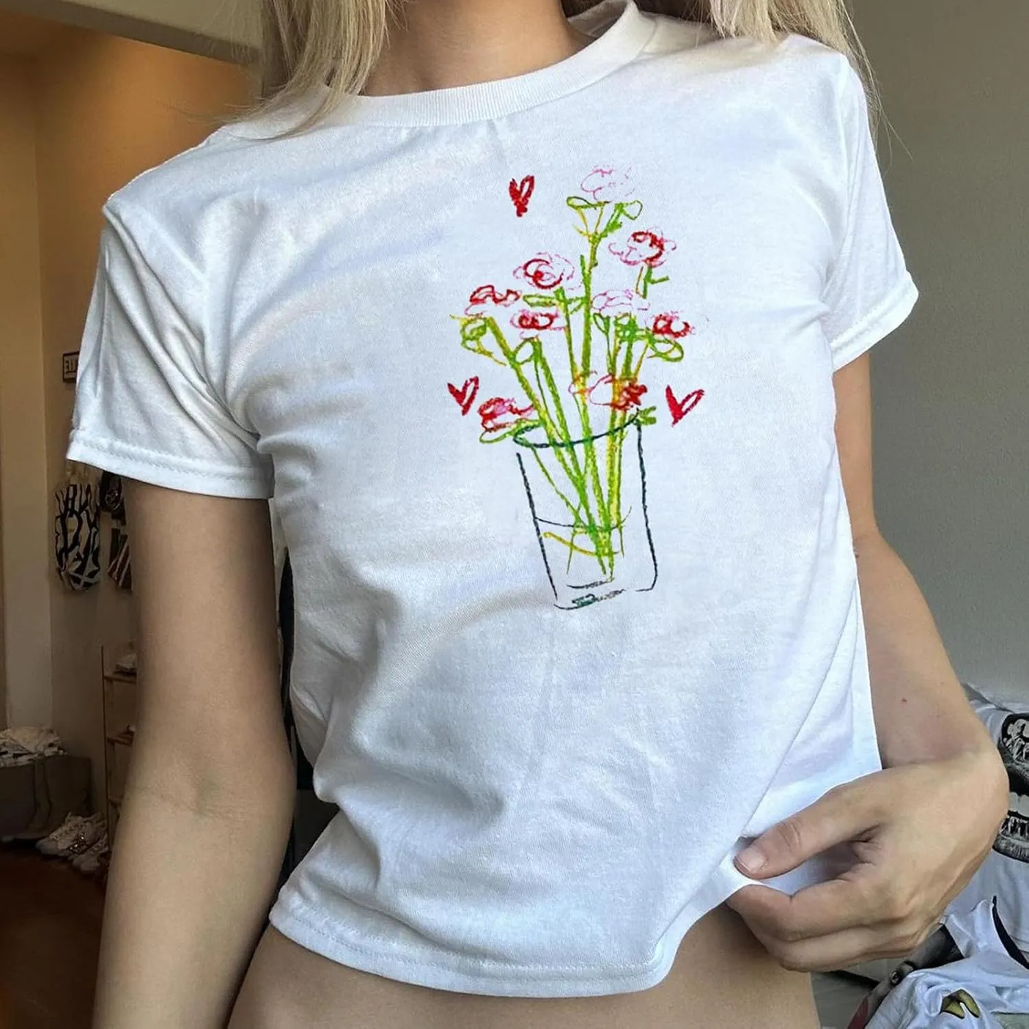 Women Y2k Graphic Print Crop Top Short Sleeve Round Neck Slim Fit Baby Tee Aesthetic Summer T Shirt