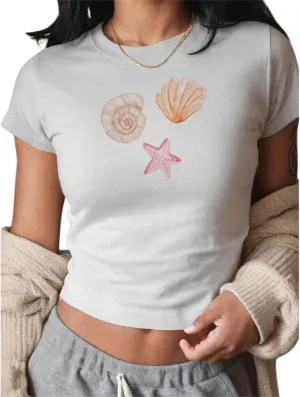 Women Y2k Graphic Print Crop Top Short Sleeve Round Neck Slim Fit Baby Tee Aesthetic Summer T Shirt