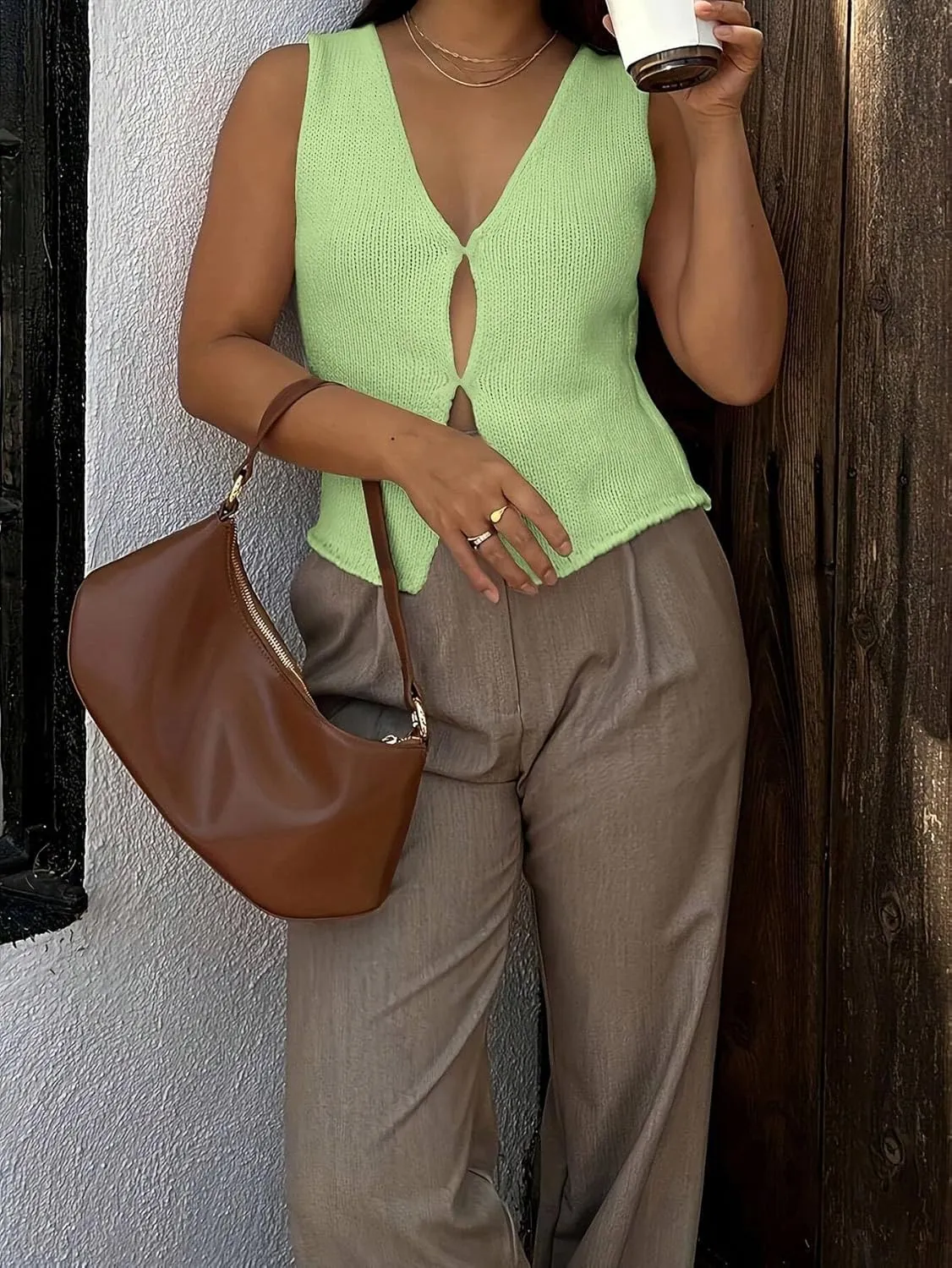Women Y2k Hook and Eye V Neck Knit Vest Top Sleeveless Solid Slim Fit Causal Vintage Crochet Sweater Tank Top