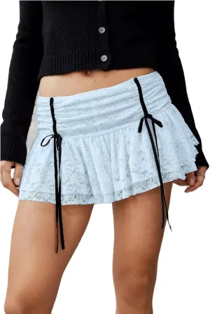 Women Y2k Lace Mini Skirt Sexy Tiered Flowy Ruffle Half Slip Skirt Low Rise Layered Pleated Short Skirt Underskirt