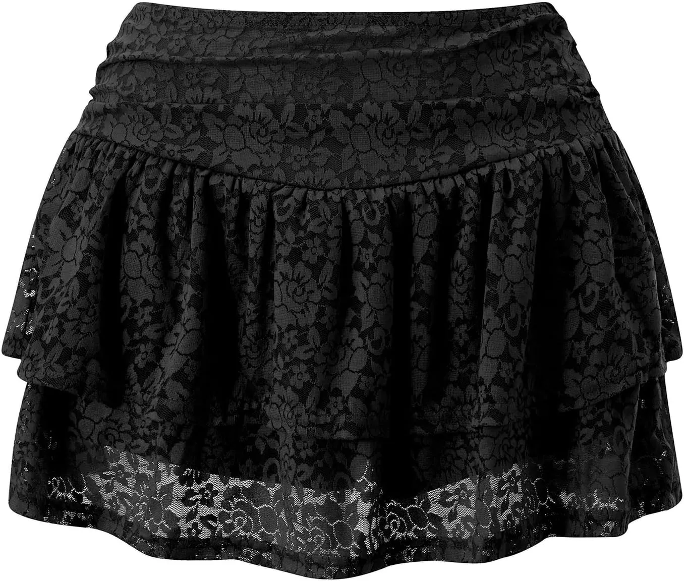 Women Y2K Tiered Ruffled Mini Skirts Floral Lace Sheer Pleated Mid Rise Lined Cute Layered Flowy Micro Underskirt