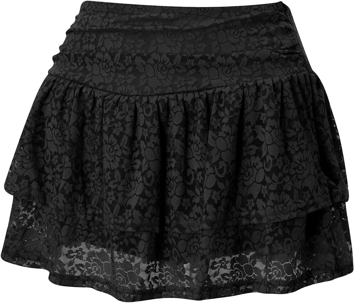 Women Y2K Tiered Ruffled Mini Skirts Floral Lace Sheer Pleated Mid Rise Lined Cute Layered Flowy Micro Underskirt