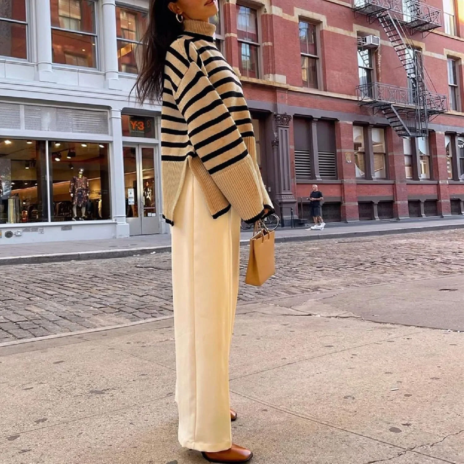 Women Y2K Turtleneck Striped Oversized Sweater Long Sleeve Color Block Poncho Sweater Fall Winter Pullover Jumper Tops