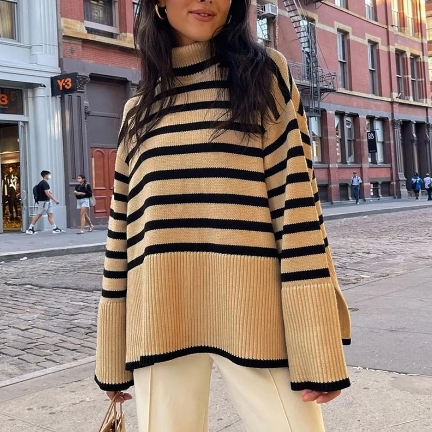 Women Y2K Turtleneck Striped Oversized Sweater Long Sleeve Color Block Poncho Sweater Fall Winter Pullover Jumper Tops
