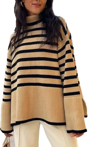 Women Y2K Turtleneck Striped Oversized Sweater Long Sleeve Color Block Poncho Sweater Fall Winter Pullover Jumper Tops