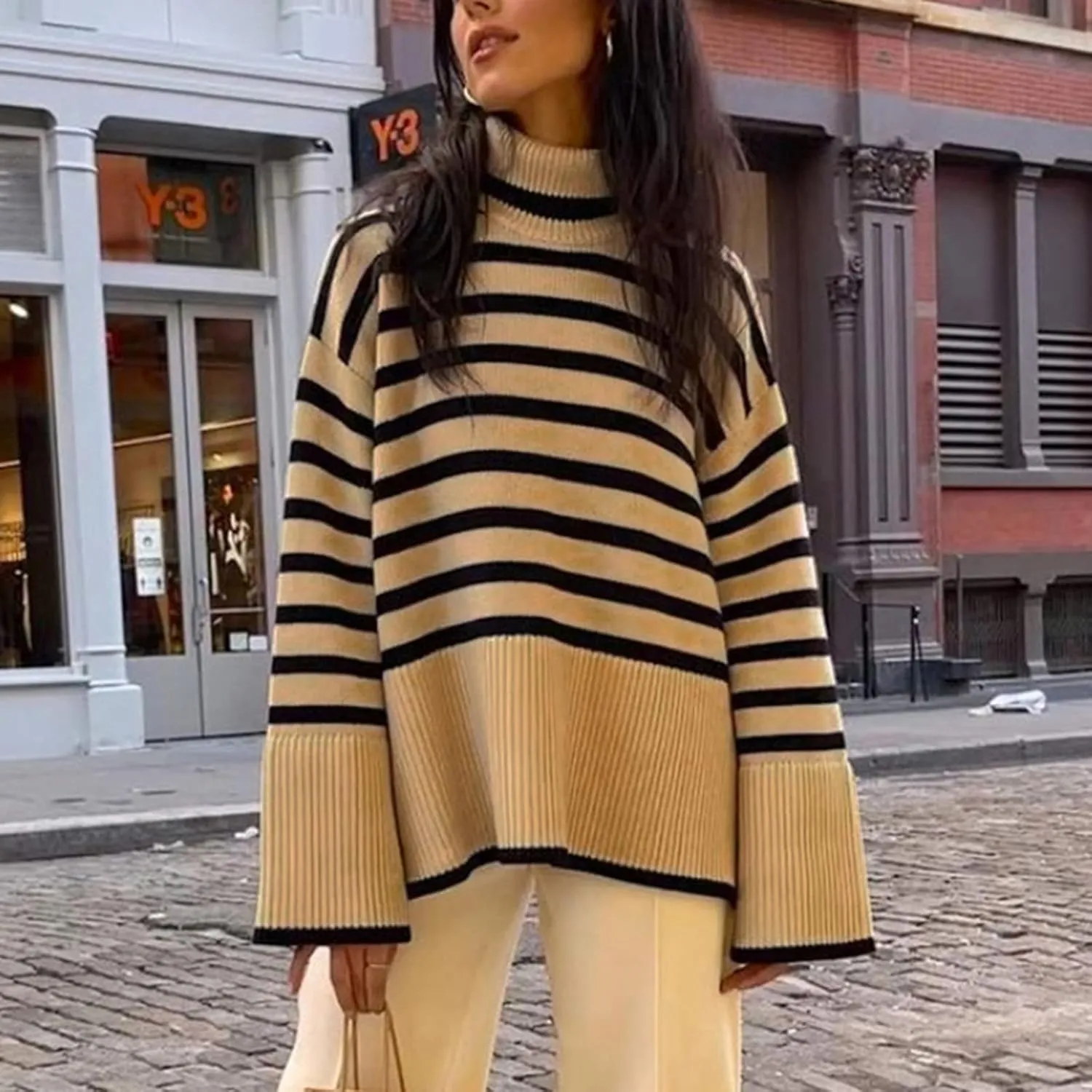 Women Y2K Turtleneck Striped Oversized Sweater Long Sleeve Color Block Poncho Sweater Fall Winter Pullover Jumper Tops