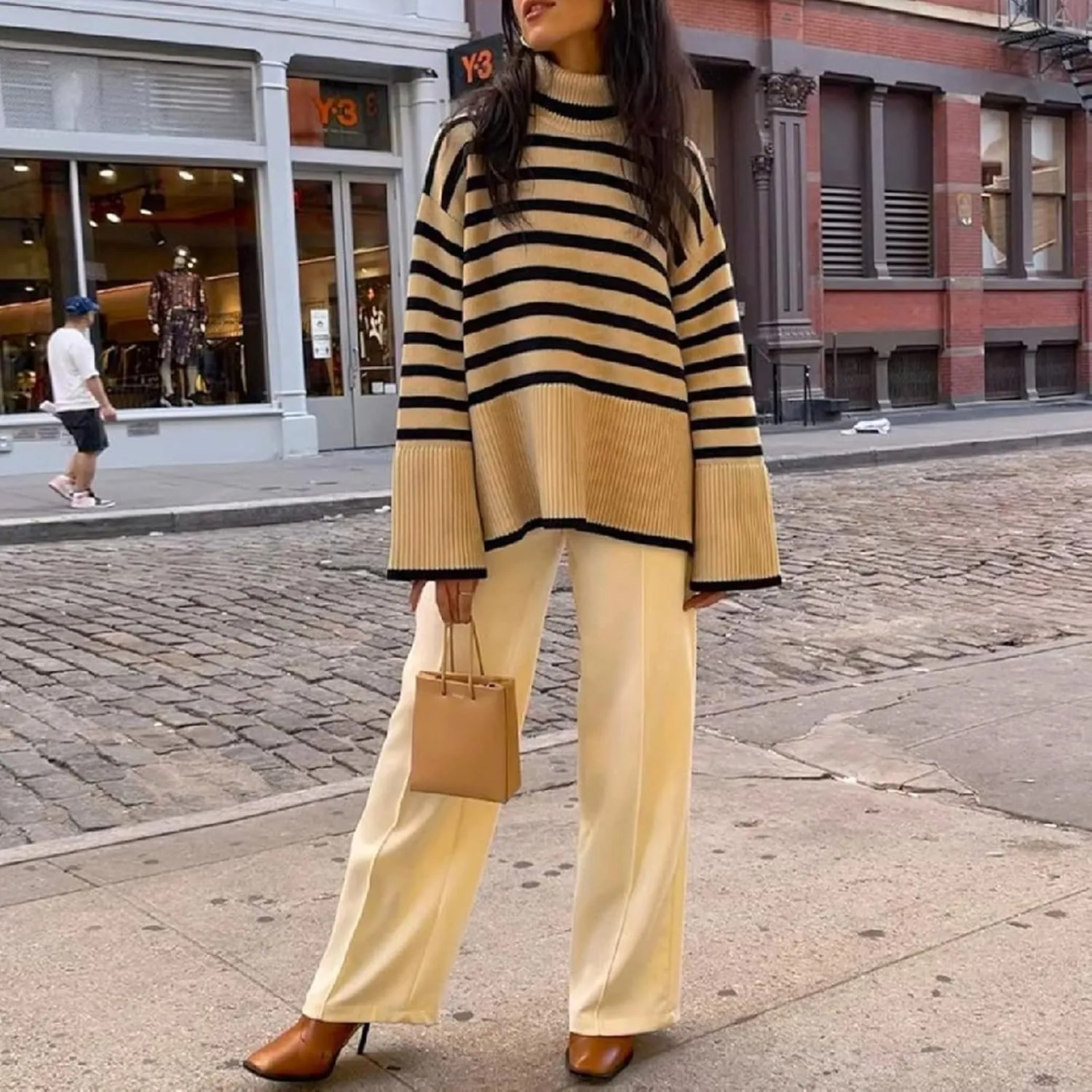 Women Y2K Turtleneck Striped Oversized Sweater Long Sleeve Color Block Poncho Sweater Fall Winter Pullover Jumper Tops
