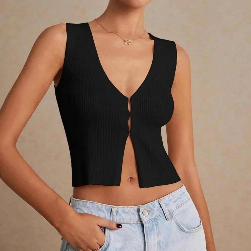 Women Y2k V Neck Button Down Knit Crop Tanks Casual Slim Fit Sleeveless Open Front Rib Knit Going Out Top Vests