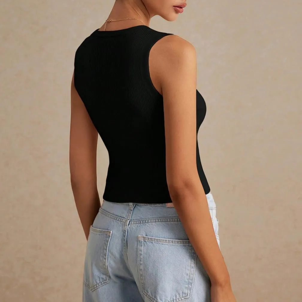 Women Y2k V Neck Button Down Knit Crop Tanks Casual Slim Fit Sleeveless Open Front Rib Knit Going Out Top Vests