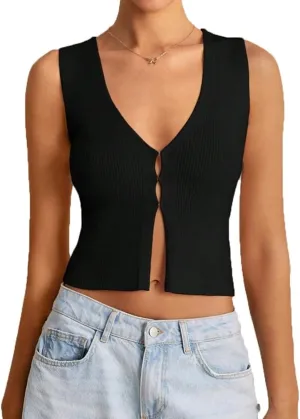 Women Y2k V Neck Button Down Knit Crop Tanks Casual Slim Fit Sleeveless Open Front Rib Knit Going Out Top Vests