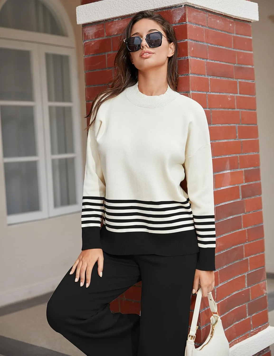Women's 2 Piece Outfits Sweatsuit Knit Striped Pullover Top Wide Leg Pants Tracksuit Lounge Sets