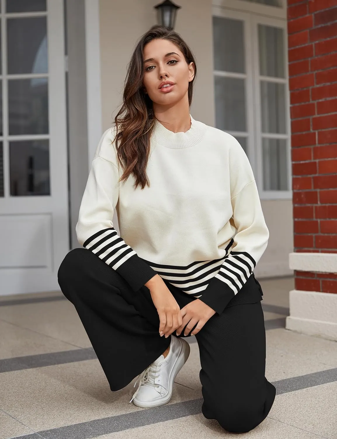 Women's 2 Piece Outfits Sweatsuit Knit Striped Pullover Top Wide Leg Pants Tracksuit Lounge Sets