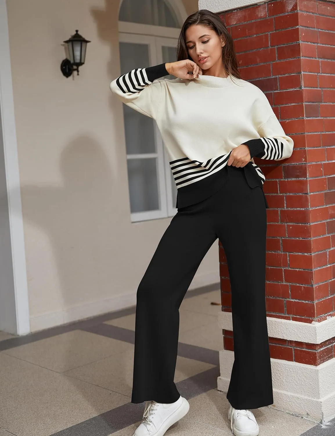 Women's 2 Piece Outfits Sweatsuit Knit Striped Pullover Top Wide Leg Pants Tracksuit Lounge Sets