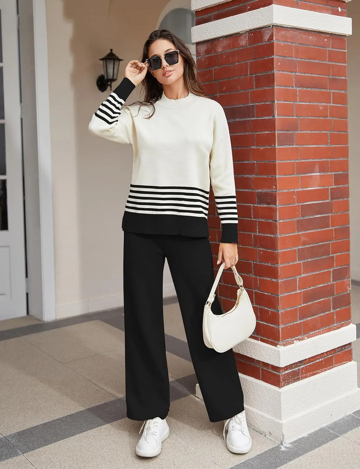 Women's 2 Piece Outfits Sweatsuit Knit Striped Pullover Top Wide Leg Pants Tracksuit Lounge Sets