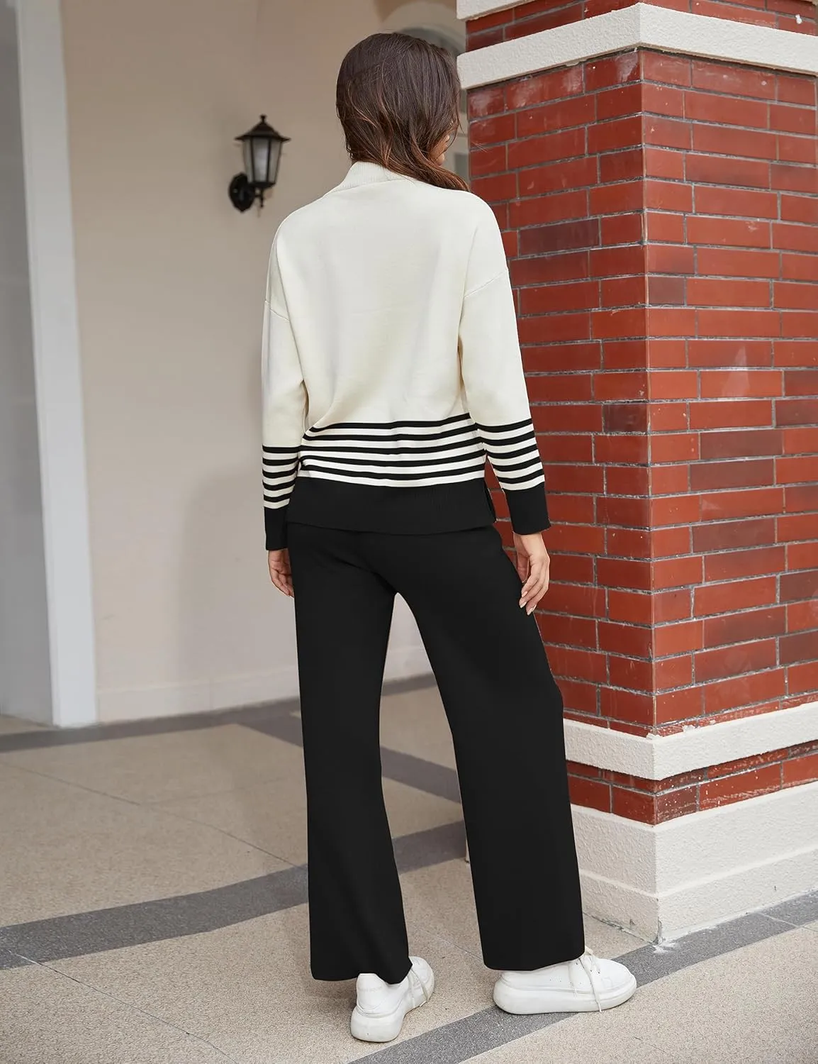 Women's 2 Piece Outfits Sweatsuit Knit Striped Pullover Top Wide Leg Pants Tracksuit Lounge Sets