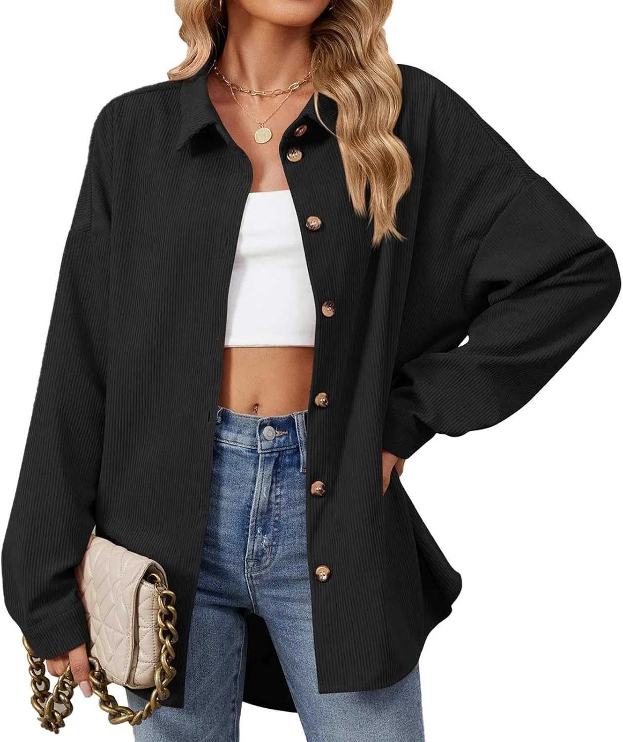 Womens 2024 Lapel Long Sleeve Solid Color Shacket Jacket Button Down Fall Shirt Coat Comfy Cute Jackets Fall Winter