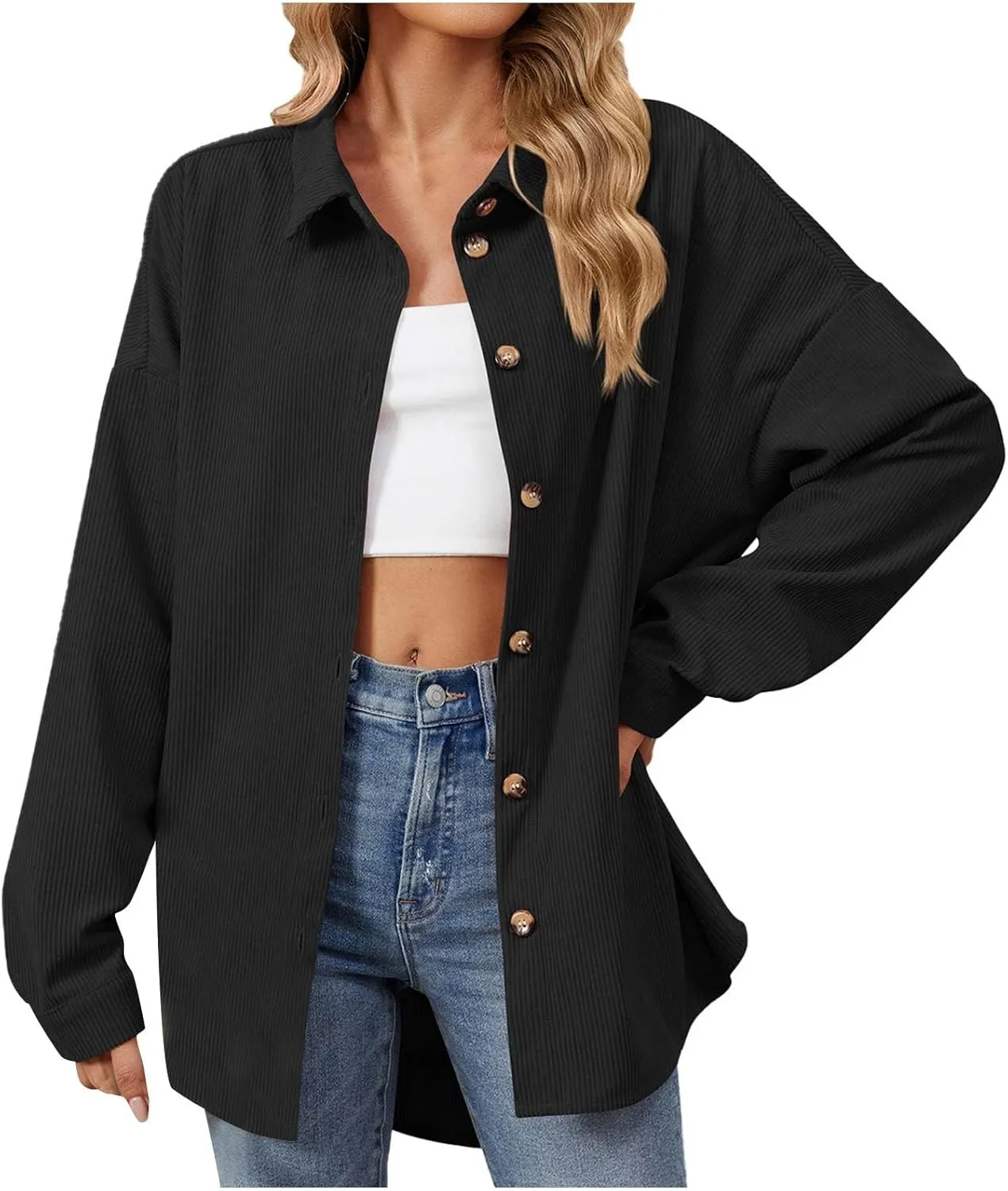 Womens 2024 Lapel Long Sleeve Solid Color Shacket Jacket Button Down Fall Shirt Coat Comfy Cute Jackets Fall Winter