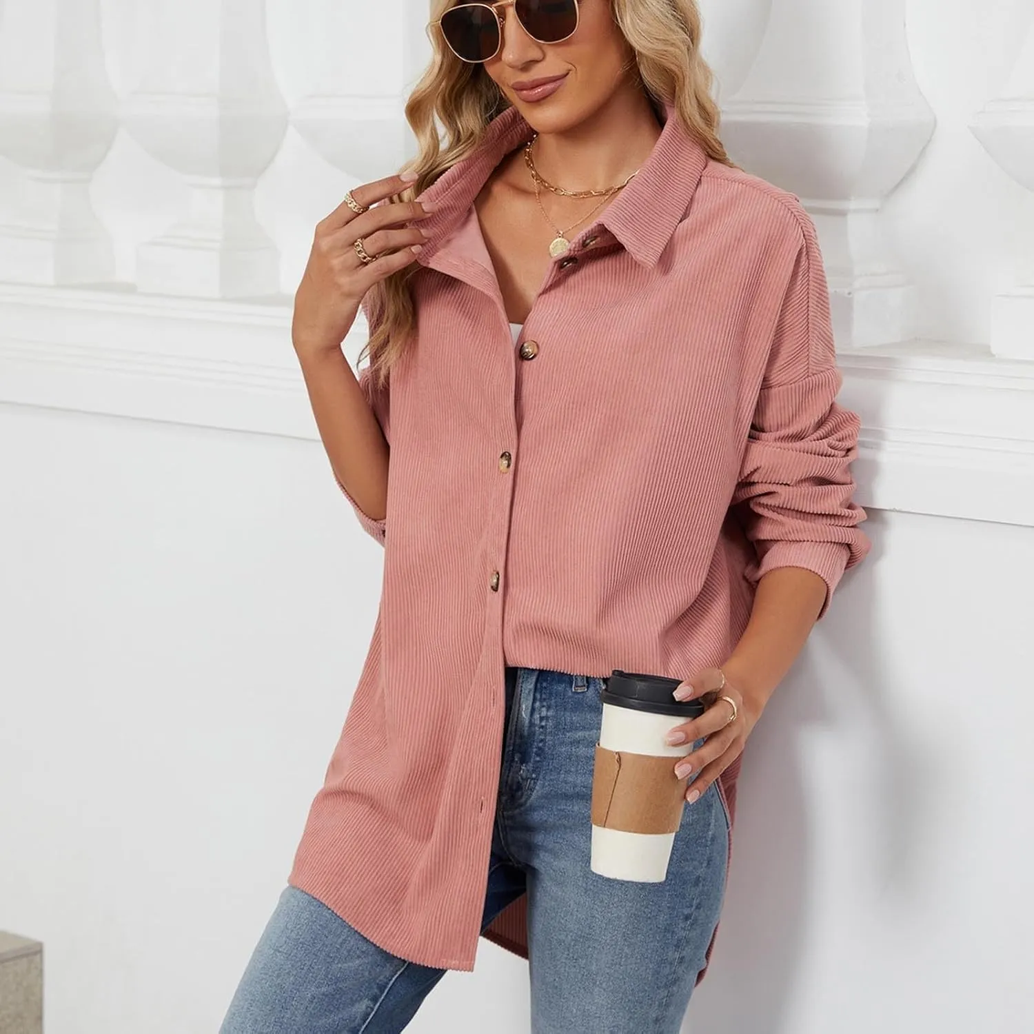 Womens 2024 Lapel Long Sleeve Solid Color Shacket Jacket Button Down Fall Shirt Coat Comfy Cute Jackets Fall Winter