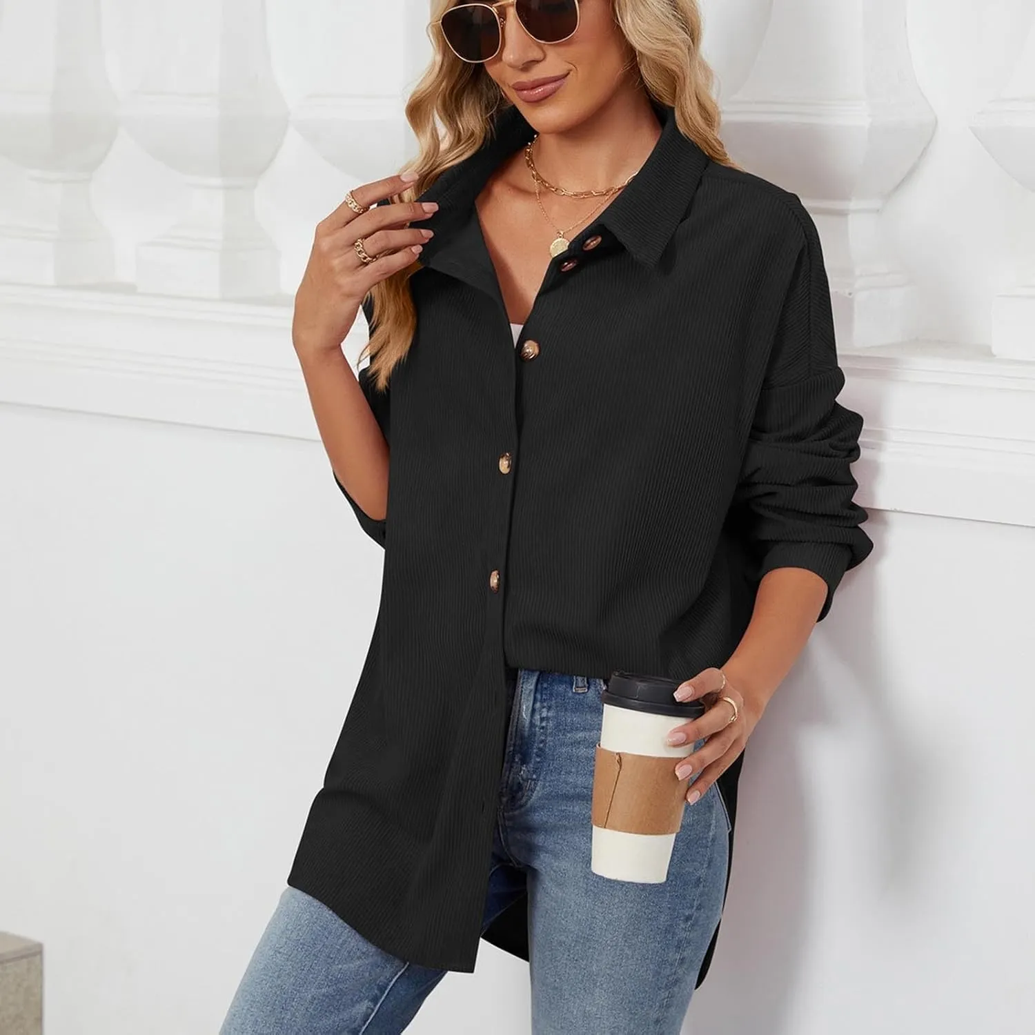 Womens 2024 Lapel Long Sleeve Solid Color Shacket Jacket Button Down Fall Shirt Coat Comfy Cute Jackets Fall Winter