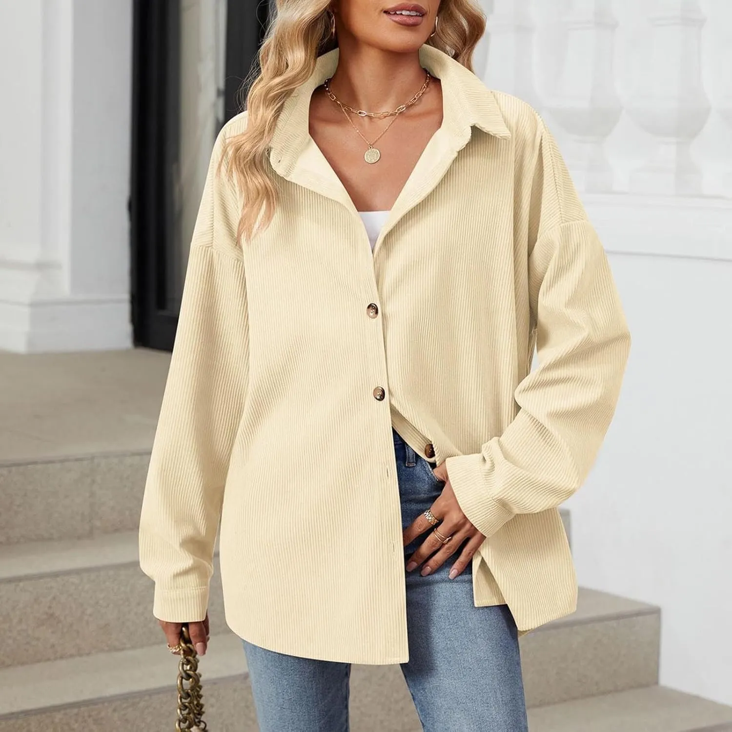 Womens 2024 Lapel Long Sleeve Solid Color Shacket Jacket Button Down Fall Shirt Coat Comfy Cute Jackets Fall Winter