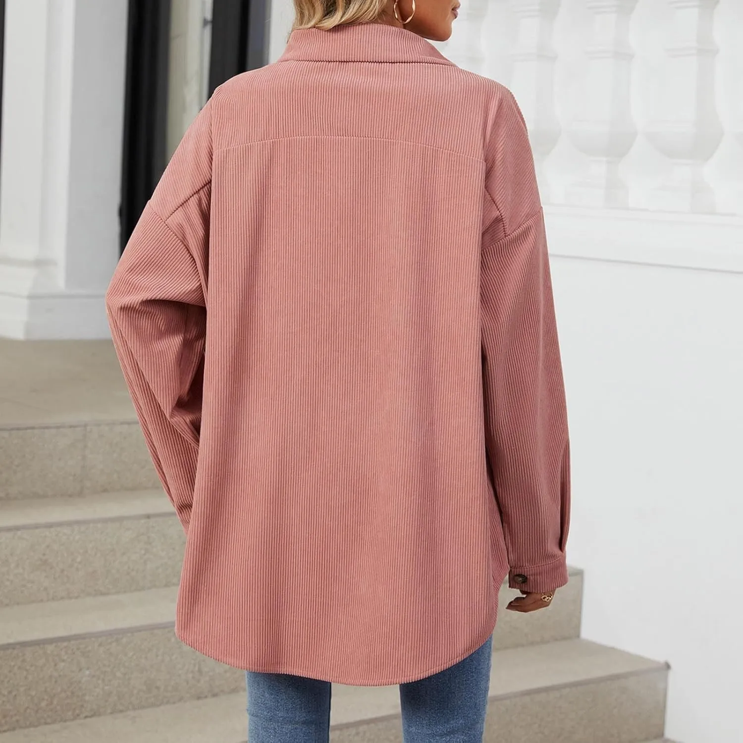 Womens 2024 Lapel Long Sleeve Solid Color Shacket Jacket Button Down Fall Shirt Coat Comfy Cute Jackets Fall Winter