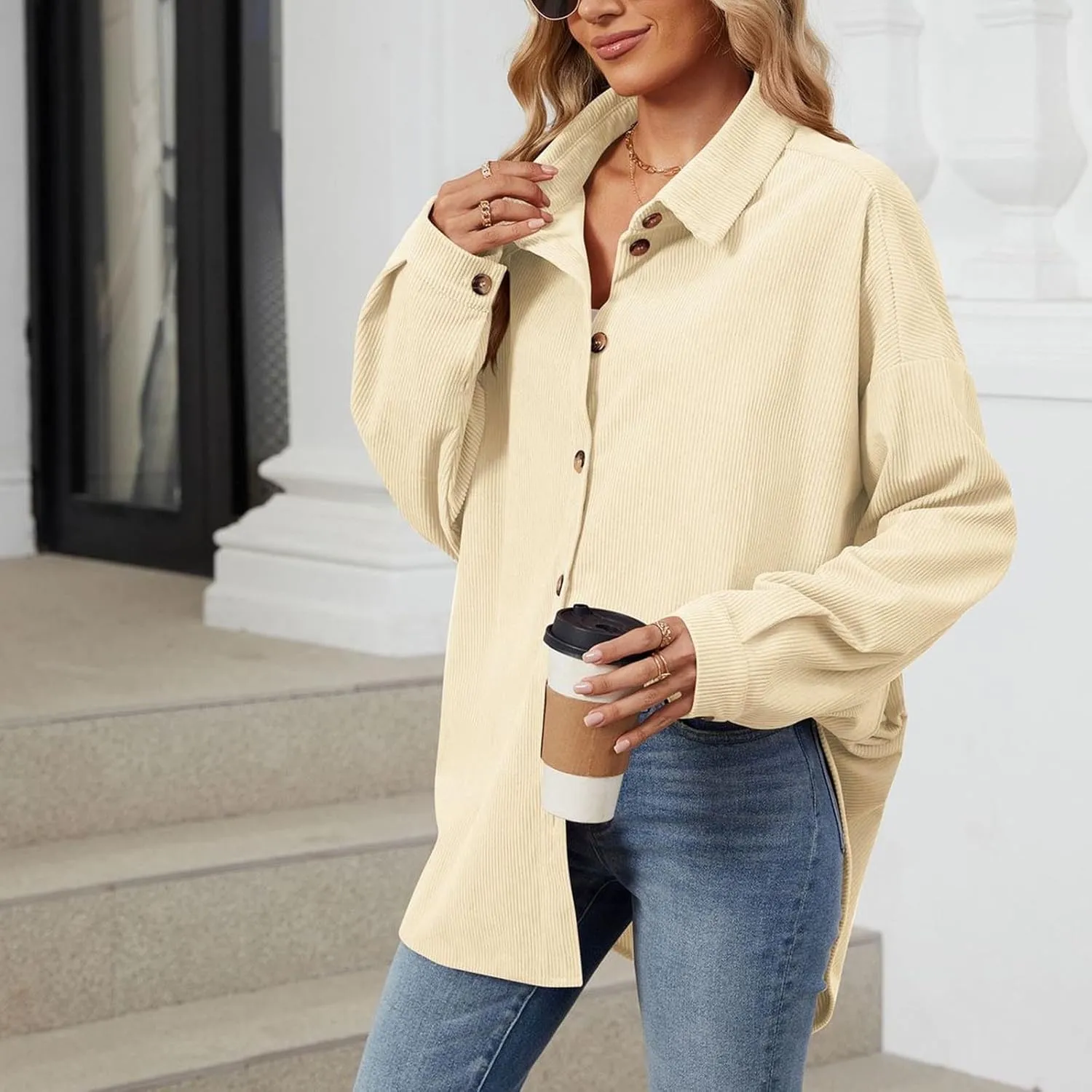 Womens 2024 Lapel Long Sleeve Solid Color Shacket Jacket Button Down Fall Shirt Coat Comfy Cute Jackets Fall Winter