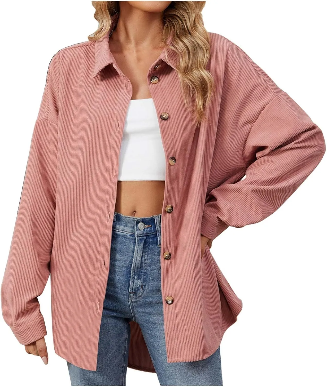 Womens 2024 Lapel Long Sleeve Solid Color Shacket Jacket Button Down Fall Shirt Coat Comfy Cute Jackets Fall Winter