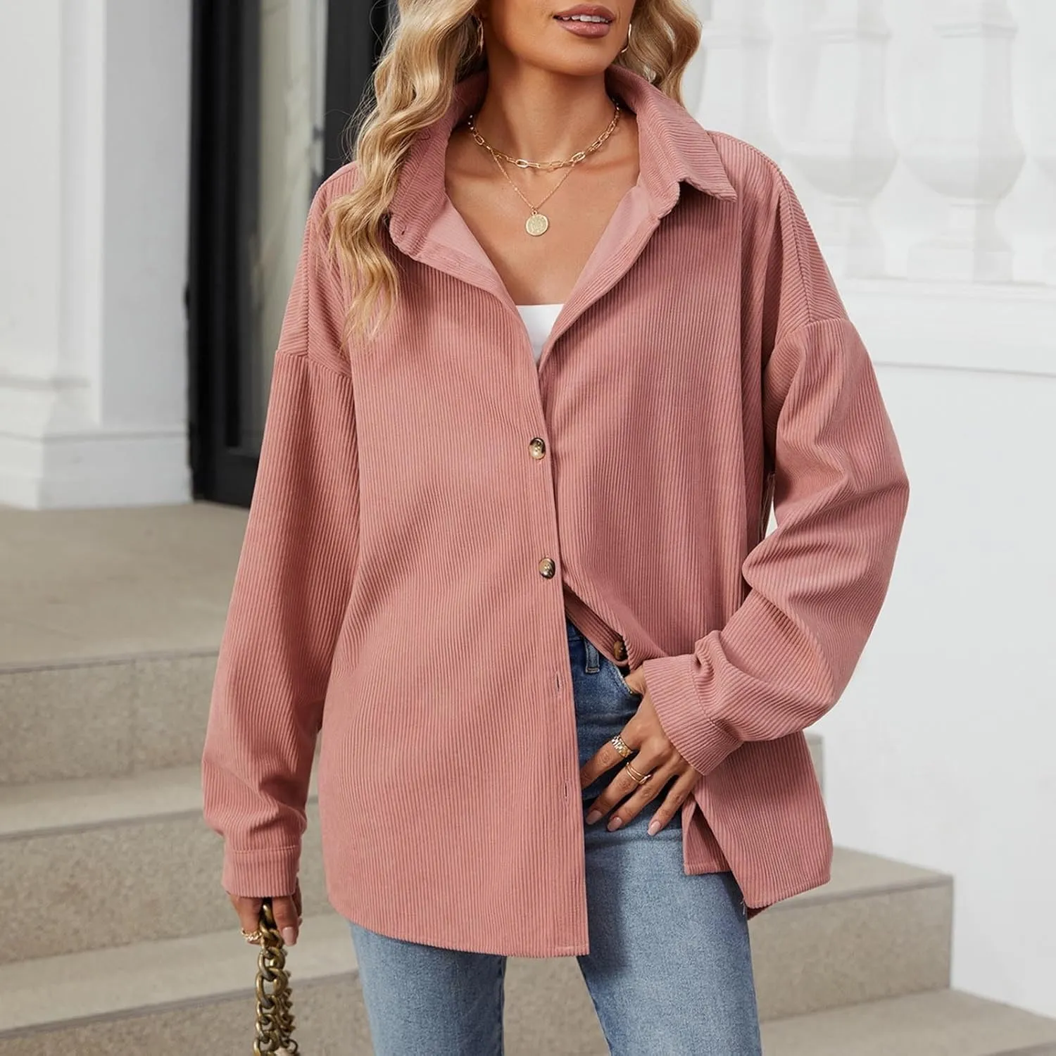 Womens 2024 Lapel Long Sleeve Solid Color Shacket Jacket Button Down Fall Shirt Coat Comfy Cute Jackets Fall Winter