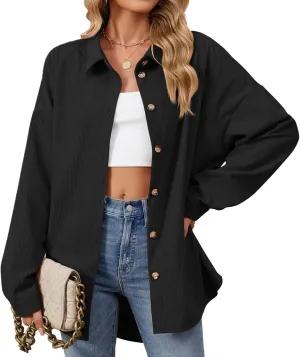 Womens 2024 Lapel Long Sleeve Solid Color Shacket Jacket Button Down Fall Shirt Coat Comfy Cute Jackets Fall Winter