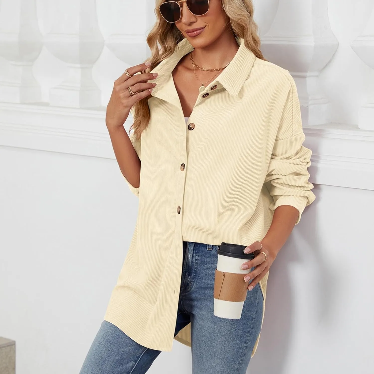 Womens 2024 Lapel Long Sleeve Solid Color Shacket Jacket Button Down Fall Shirt Coat Comfy Cute Jackets Fall Winter