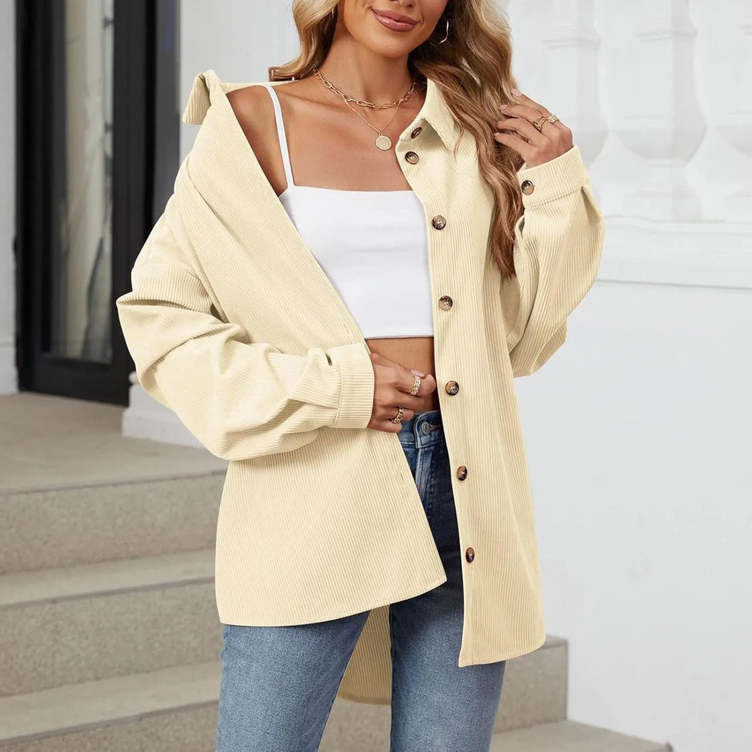 Womens 2024 Lapel Long Sleeve Solid Color Shacket Jacket Button Down Fall Shirt Coat Comfy Cute Jackets Fall Winter