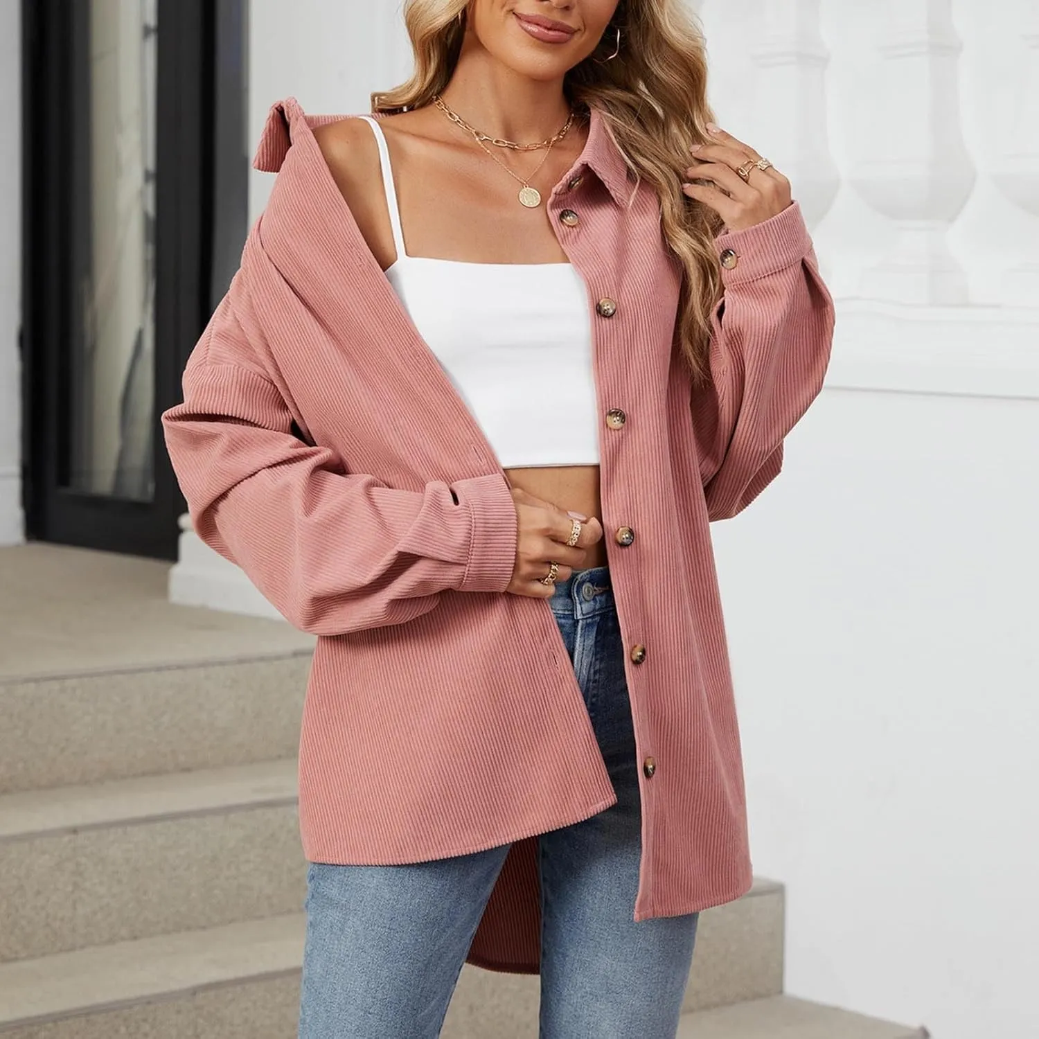 Womens 2024 Lapel Long Sleeve Solid Color Shacket Jacket Button Down Fall Shirt Coat Comfy Cute Jackets Fall Winter