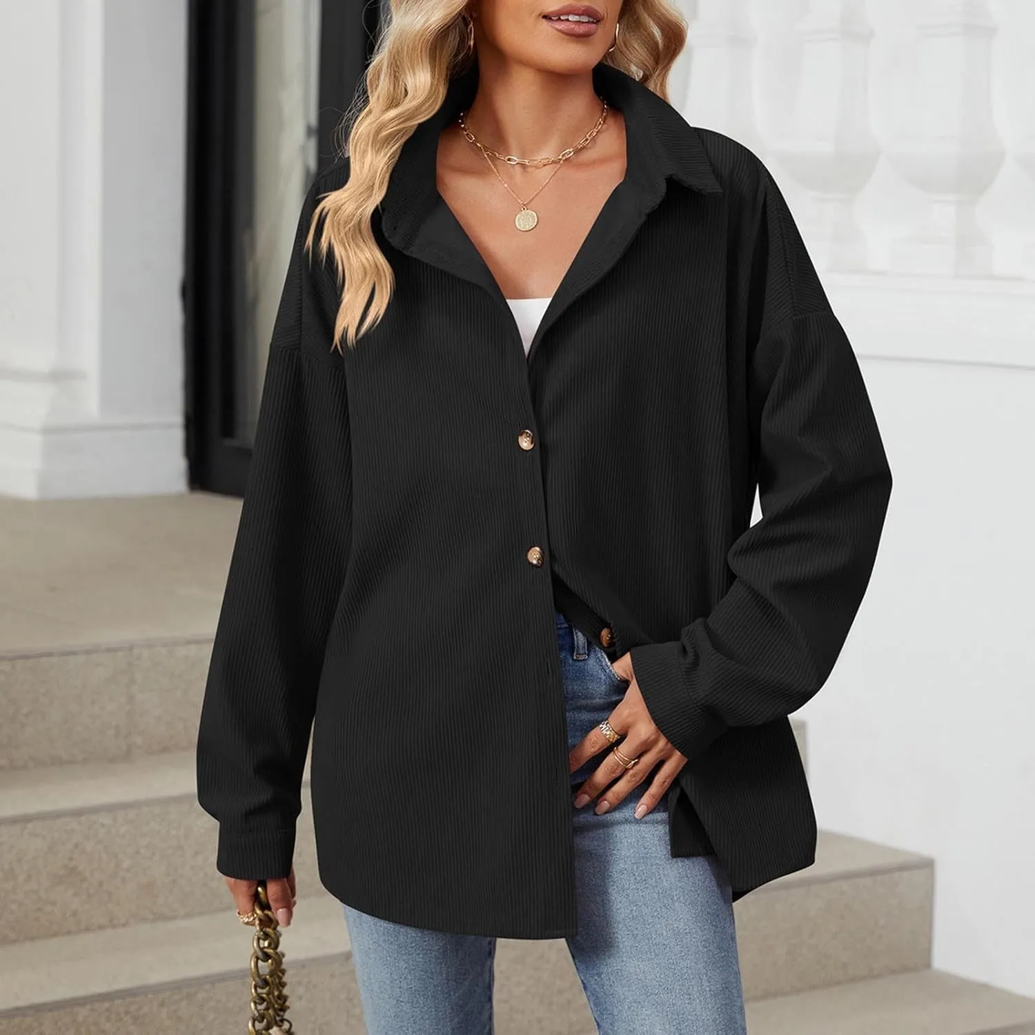 Womens 2024 Lapel Long Sleeve Solid Color Shacket Jacket Button Down Fall Shirt Coat Comfy Cute Jackets Fall Winter