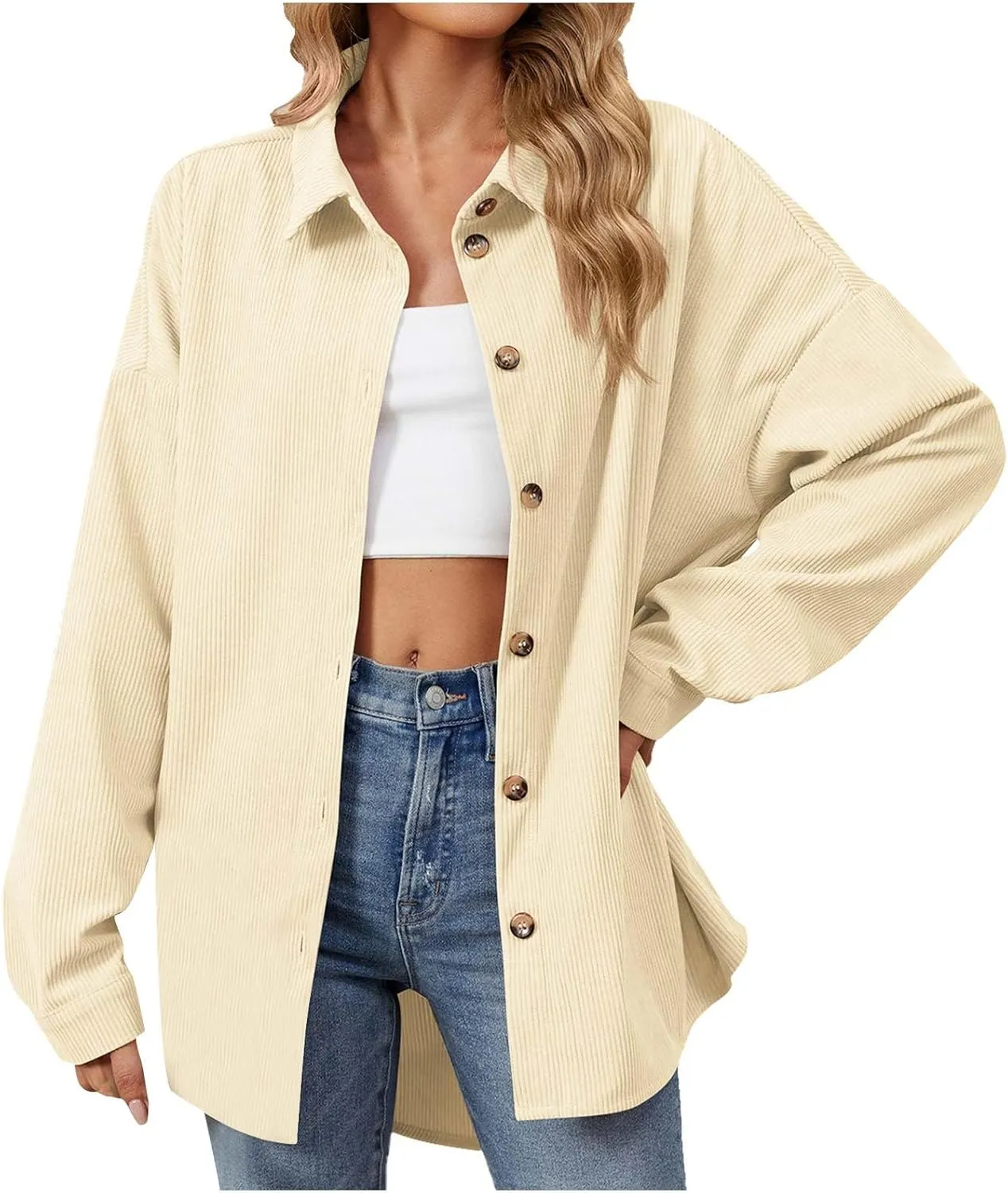 Womens 2024 Lapel Long Sleeve Solid Color Shacket Jacket Button Down Fall Shirt Coat Comfy Cute Jackets Fall Winter