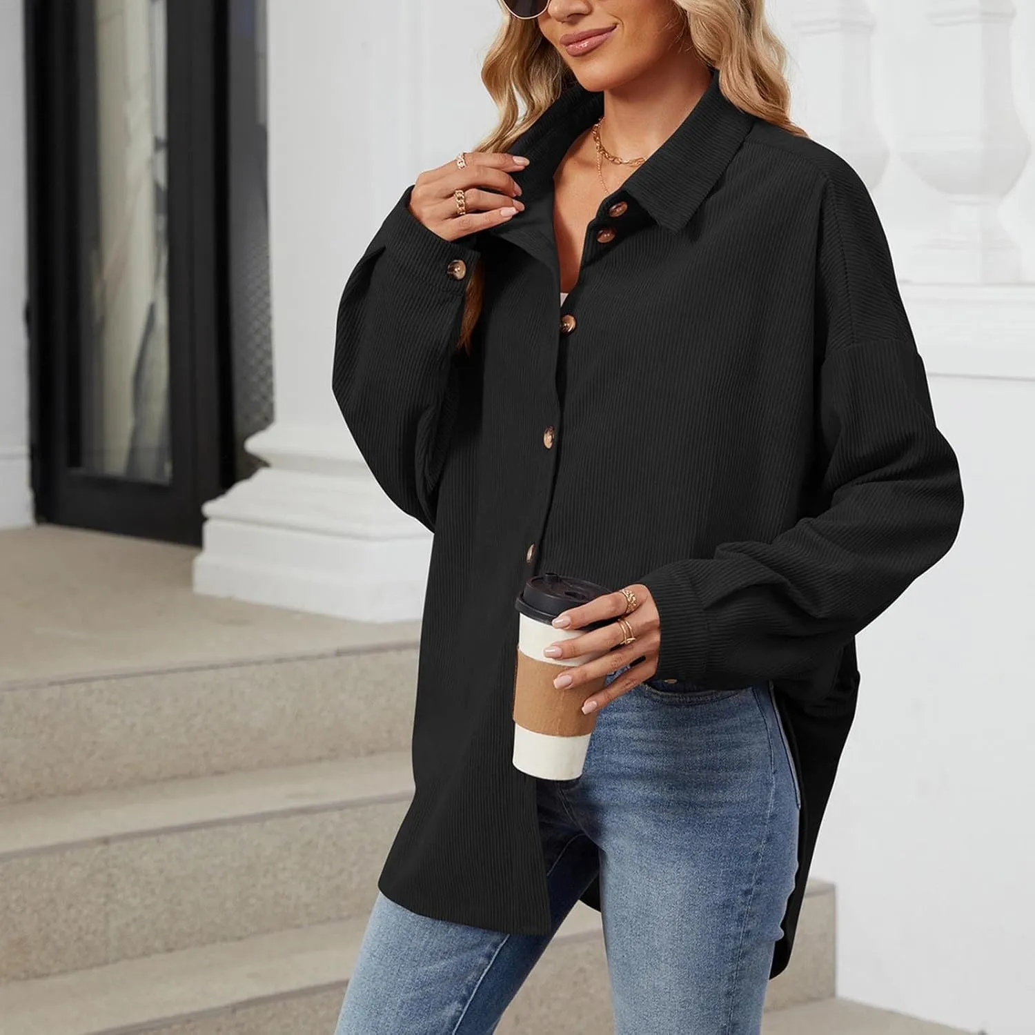 Womens 2024 Lapel Long Sleeve Solid Color Shacket Jacket Button Down Fall Shirt Coat Comfy Cute Jackets Fall Winter