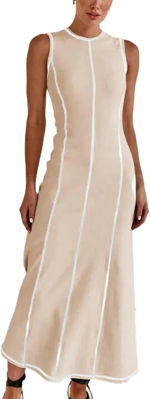 Women's 2025 Summer Sundress Elegant Casual Crew Neck Sleeveless Knit Striped Bodycon Maxi Dress Apricot Small
