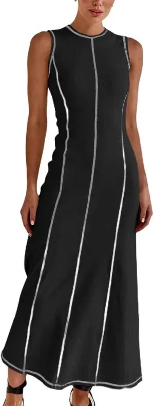 Women's 2025 Summer Sundress Elegant Casual Crew Neck Sleeveless Knit Striped Bodycon Maxi Dress Black Small