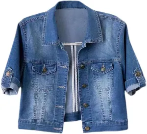 Women's 3/4 Sleeve Colored Cropped Denim Jacket Light Wash Short Jean Jacket Trucker Coat Crop Jackets for Women Denim