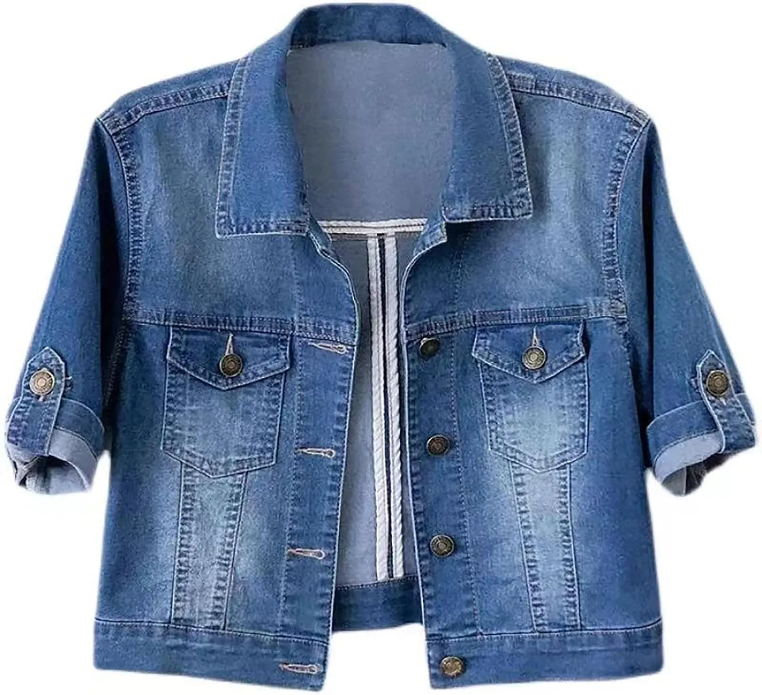 Women's 3/4 Sleeve Colored Cropped Denim Jacket Light Wash Short Jean Jacket Trucker Coat Crop Jackets for Women Denim
