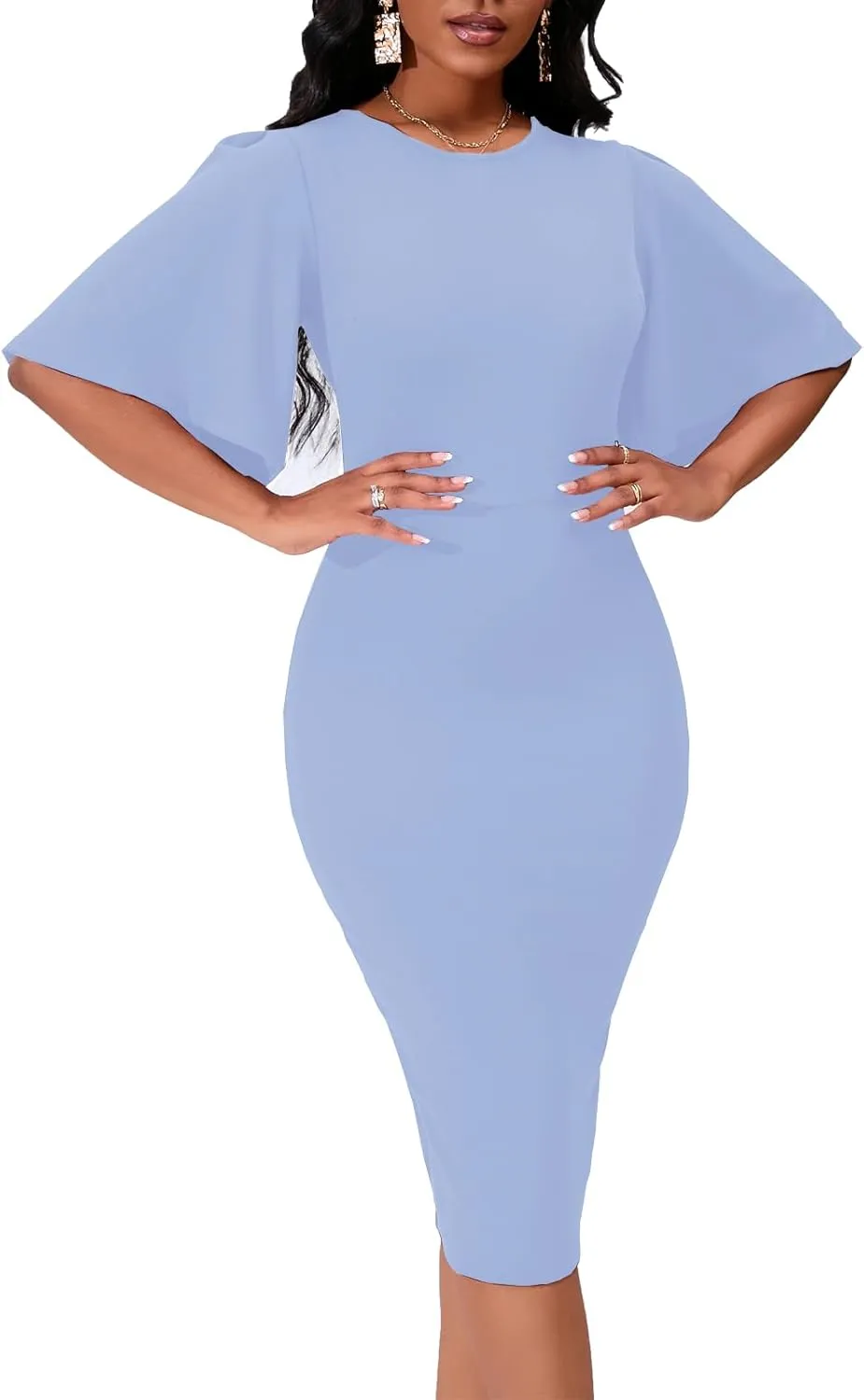 Womens Bodycon Ruffle Flared Short Sleeve Pencil Midi Dress
