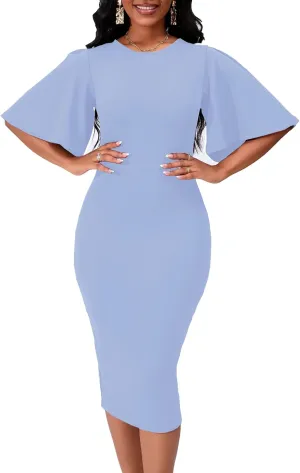 Womens Bodycon Ruffle Flared Short Sleeve Pencil Midi Dress