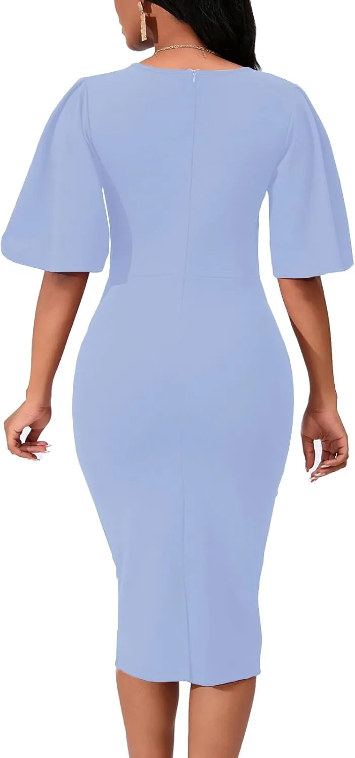 Womens Bodycon Ruffle Flared Short Sleeve Pencil Midi Dress