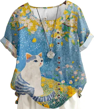 Womens Boho Floral Linen Shirts Casual Summer Short Sleeve Crewneck Button Blouses Loose Fit Graphic Tunic Tops