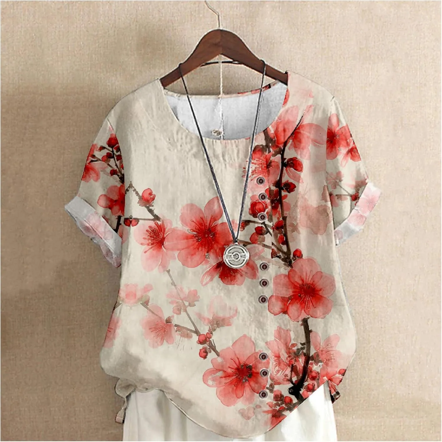 Womens Boho Floral Linen Shirts Casual Summer Short Sleeve Crewneck Button Blouses Loose Fit Graphic Tunic Tops