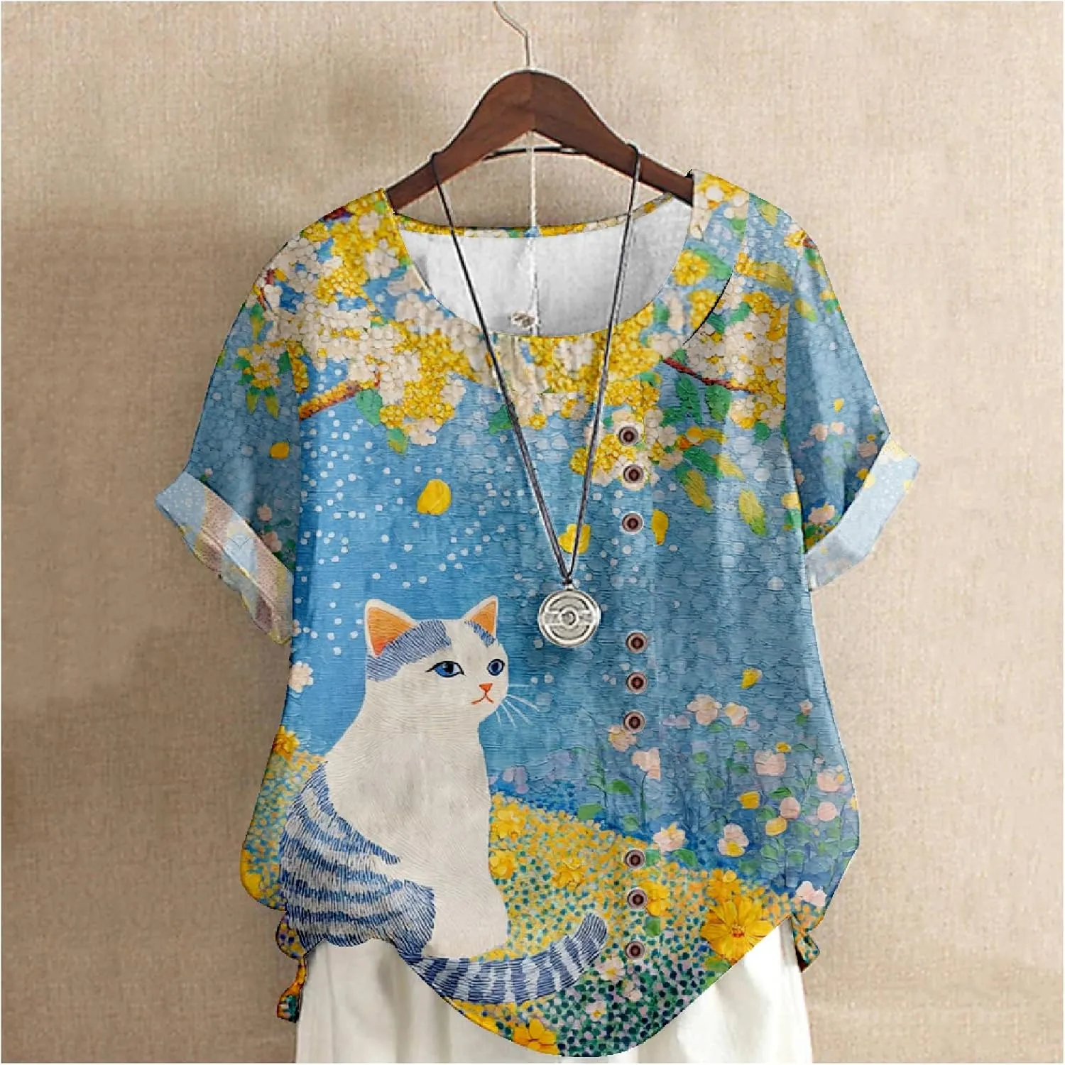 Womens Boho Floral Linen Shirts Casual Summer Short Sleeve Crewneck Button Blouses Loose Fit Graphic Tunic Tops
