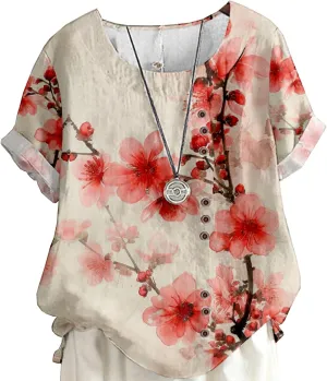 Womens Boho Floral Linen Shirts Casual Summer Short Sleeve Crewneck Button Blouses Loose Fit Graphic Tunic Tops